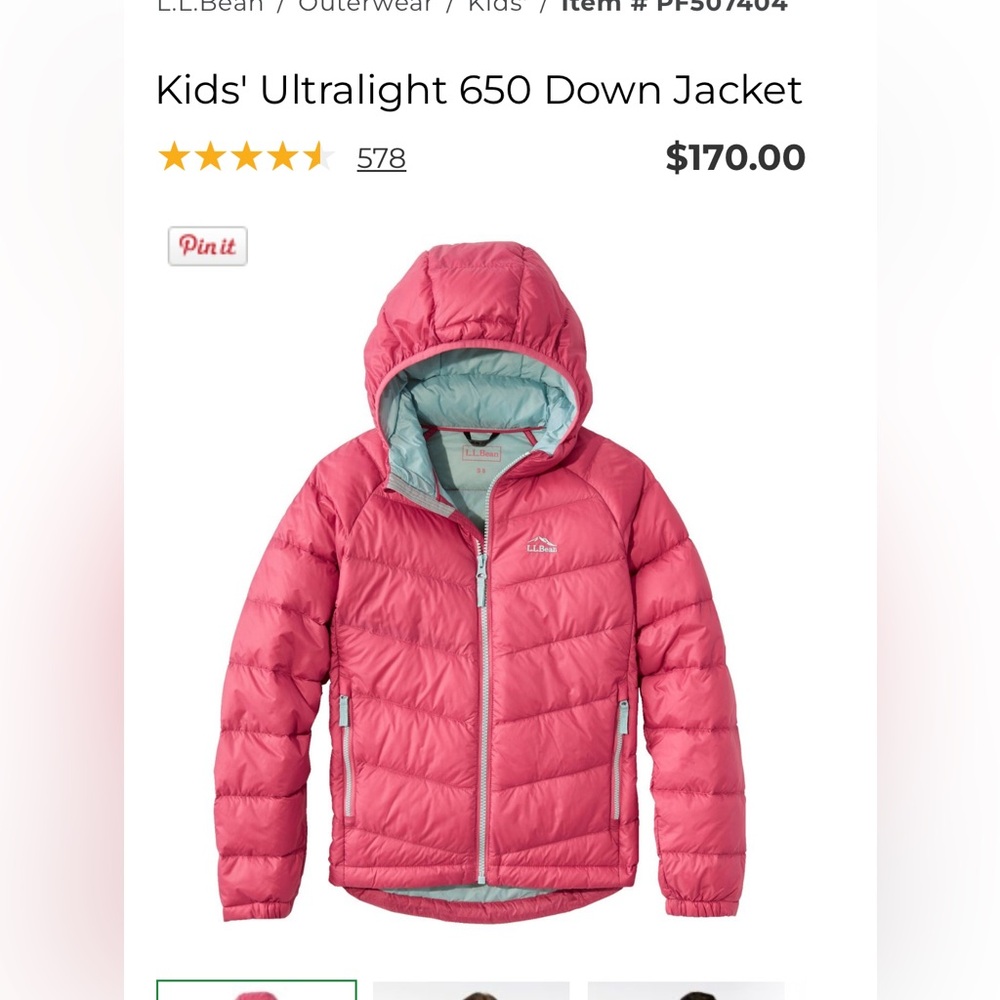 Pink LL Bean Down Coat, kids size 5-6, Medium.